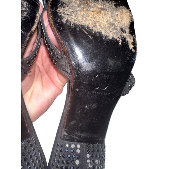 St. John Rhinestone Embellished Black Satin Heels Strappy Sandals Sz 8 AA READ - Picture 10 of 12
